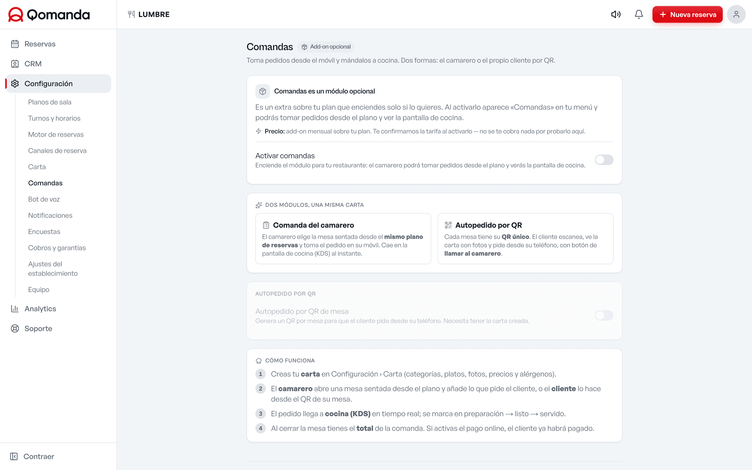 Ajustes del add-on de Comandas en el panel de Qomanda