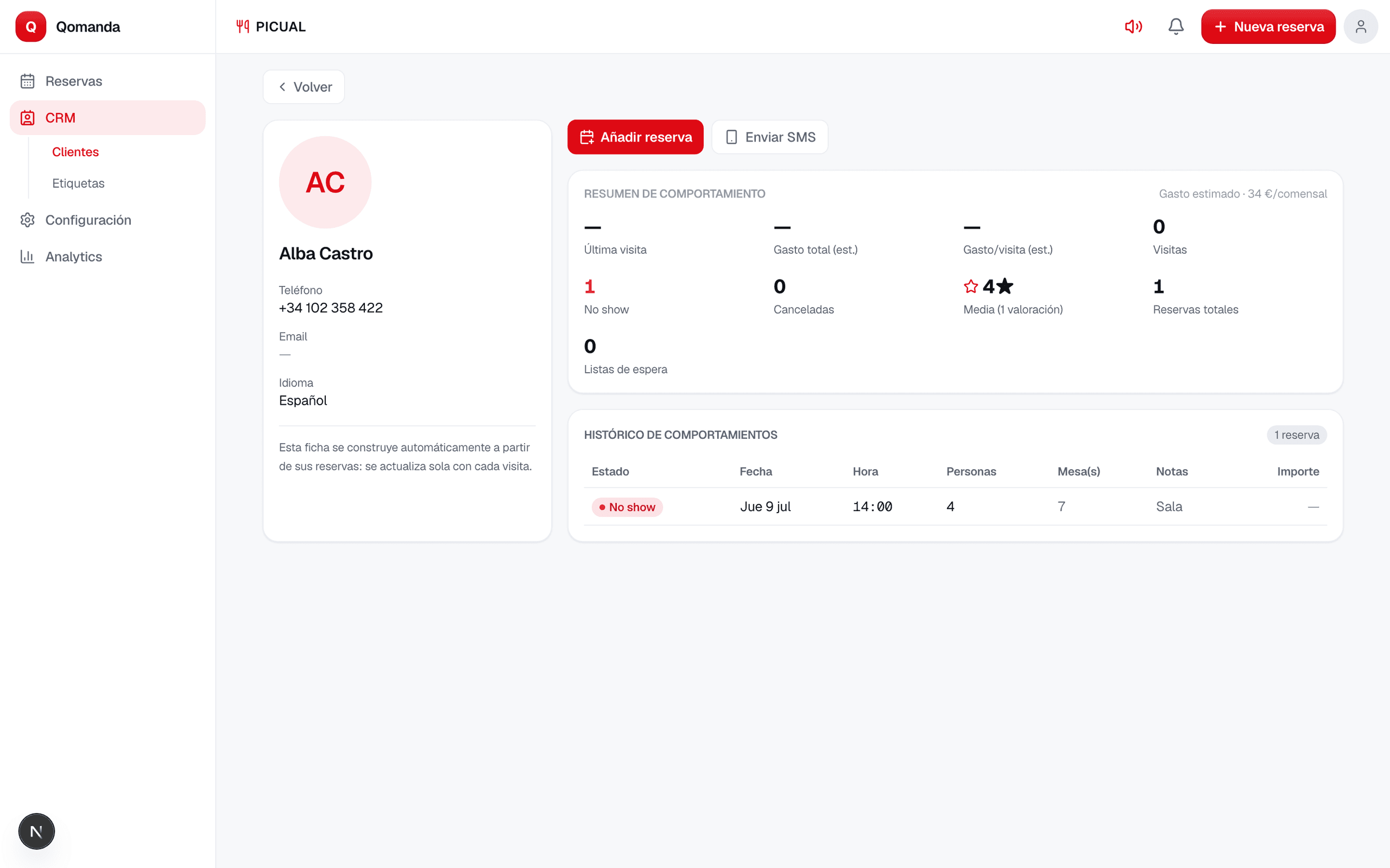 Guest profile in the Qomanda CRM