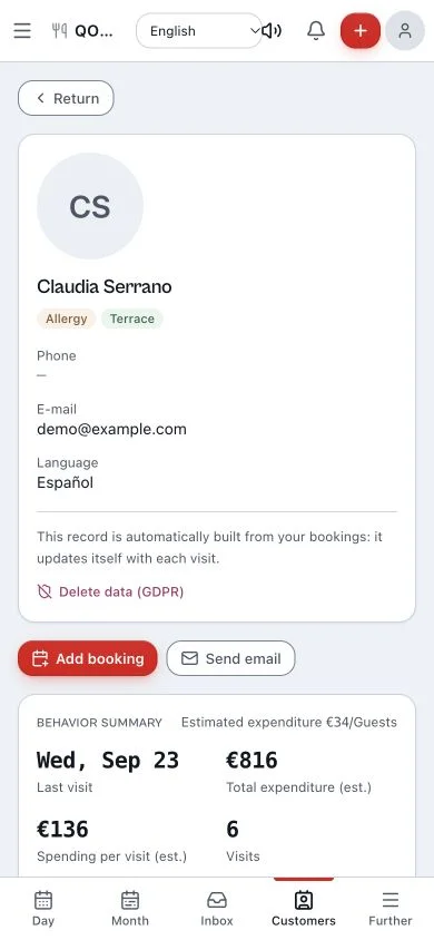 Qomanda CRM guest profile with visit history, notes and allergies