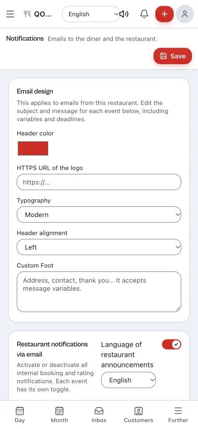 Qomanda notifications panel with email confirmations and reminders
