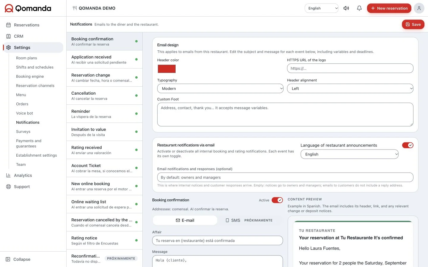 Qomanda notifications panel with email confirmations and reminders
