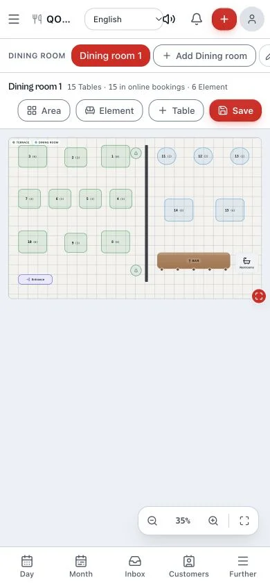 Qomanda floor plan editor with real zones, tables and capacities