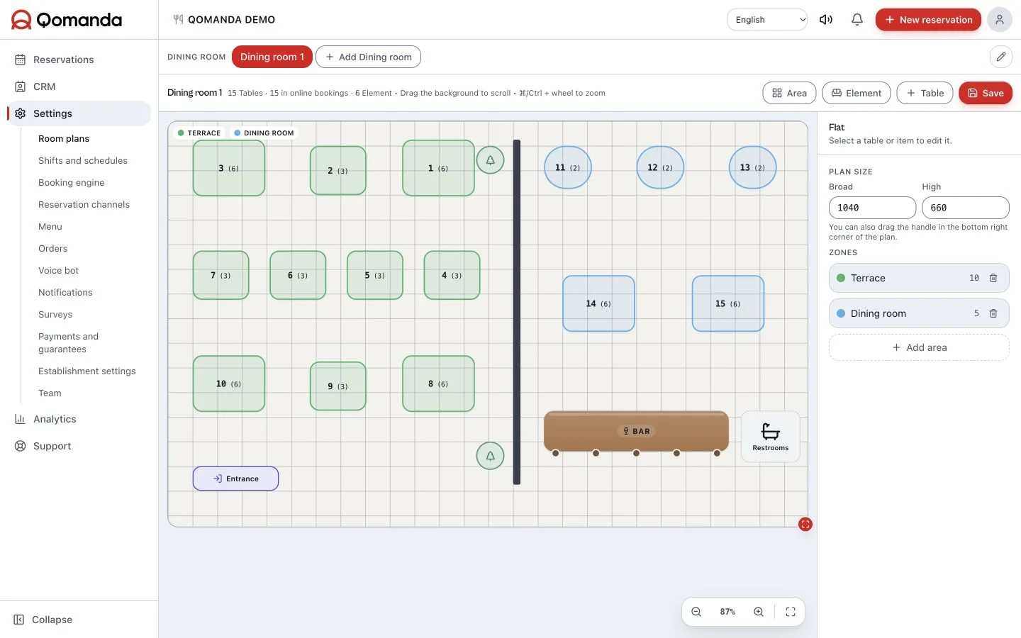 Qomanda floor plan editor with real zones, tables and capacities
