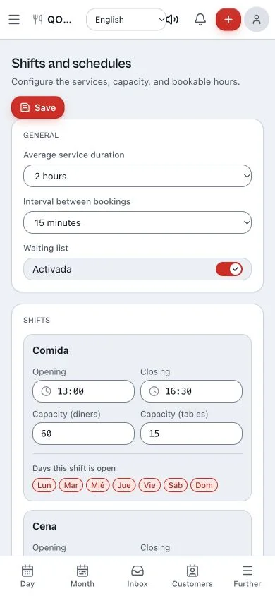 Qomanda shifts and capacity settings with slots and per-service capacity