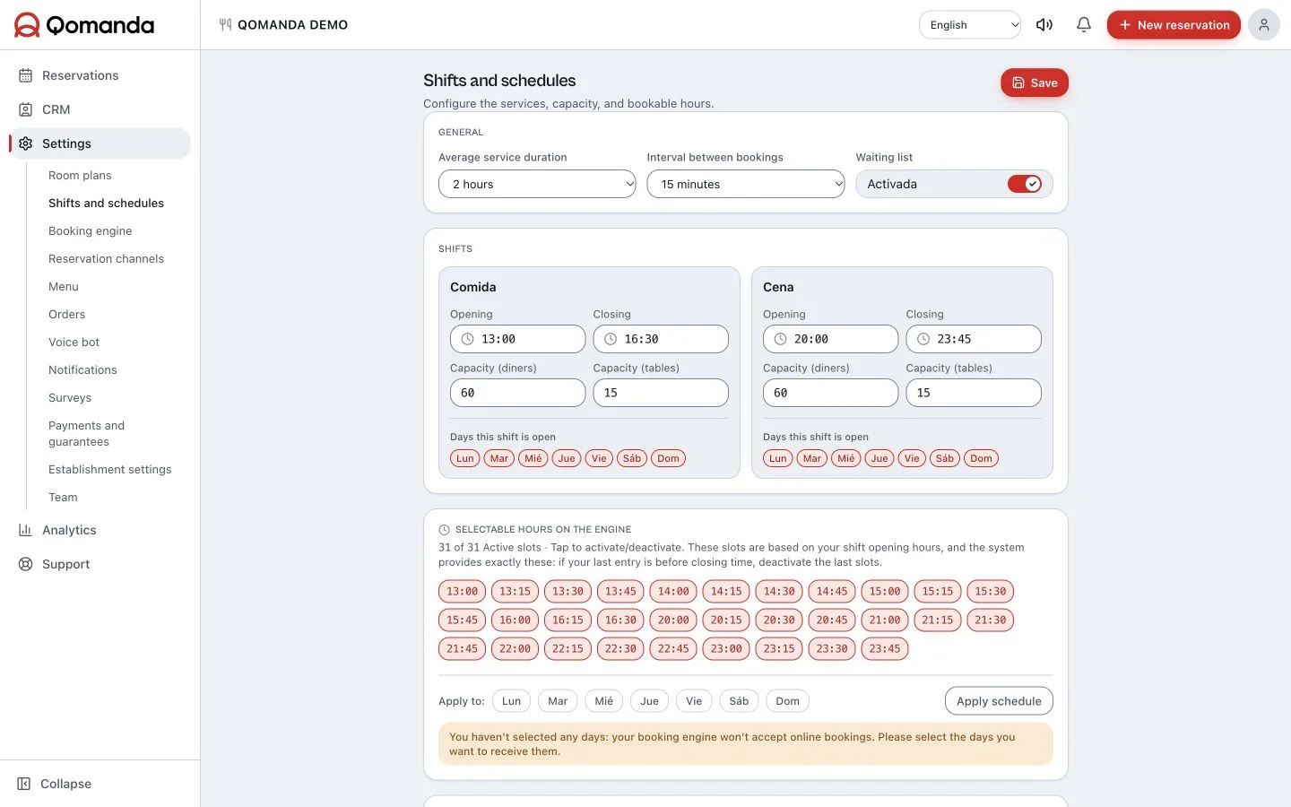 Qomanda shifts and capacity settings with slots and per-service capacity