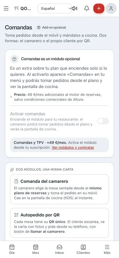 Ajustes del add-on de Comandas en el panel de Qomanda