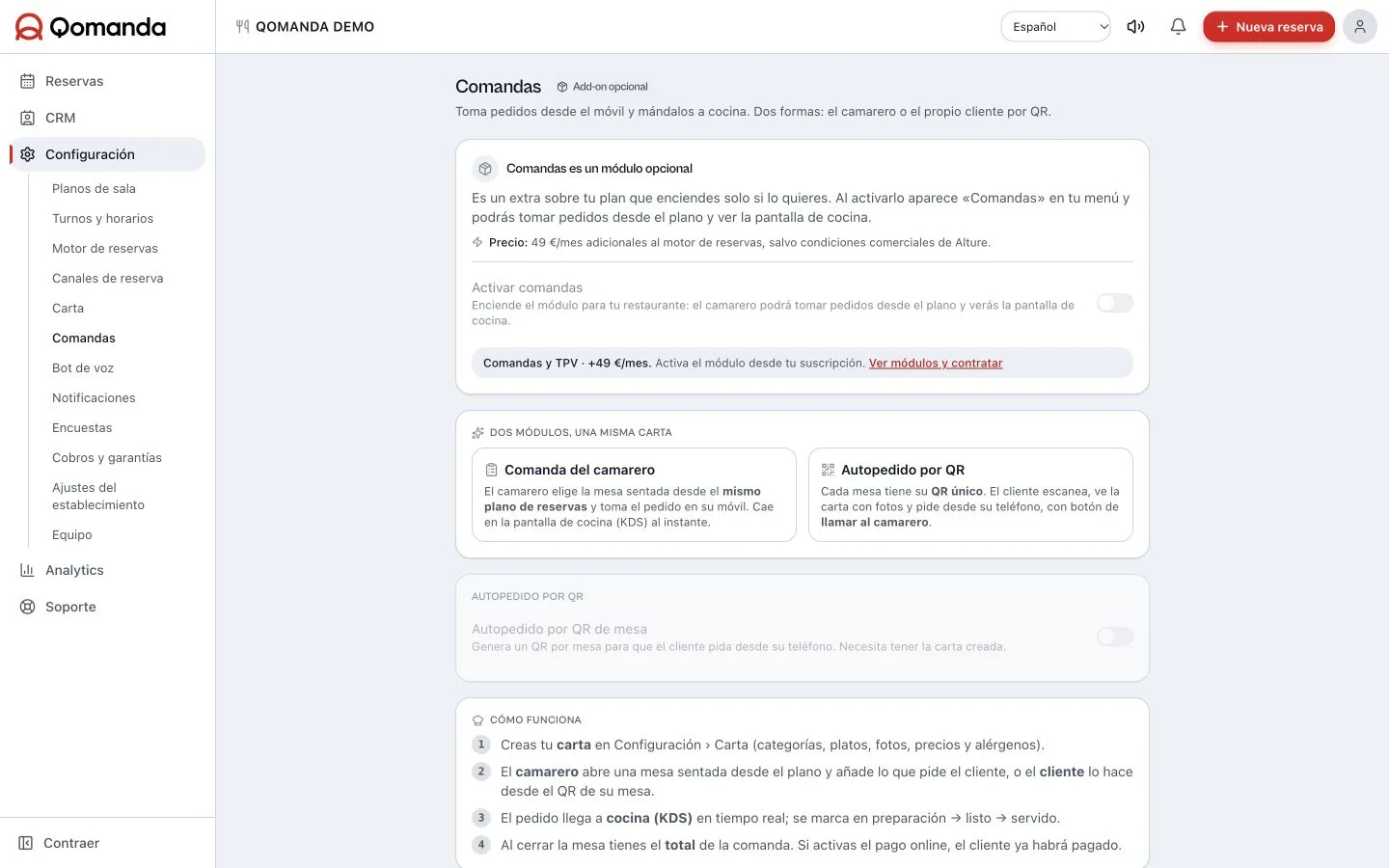 Ajustes del add-on de Comandas en el panel de Qomanda