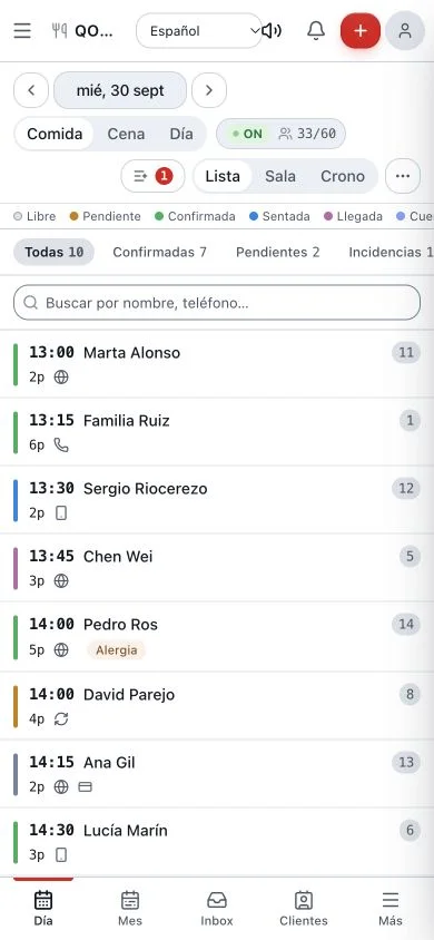 Vista Día de Qomanda con la lista del servicio y el plano de sala en vivo