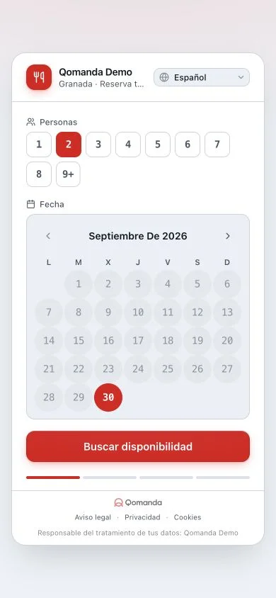 Widget de reservas de Qomanda embebido en la web del restaurante