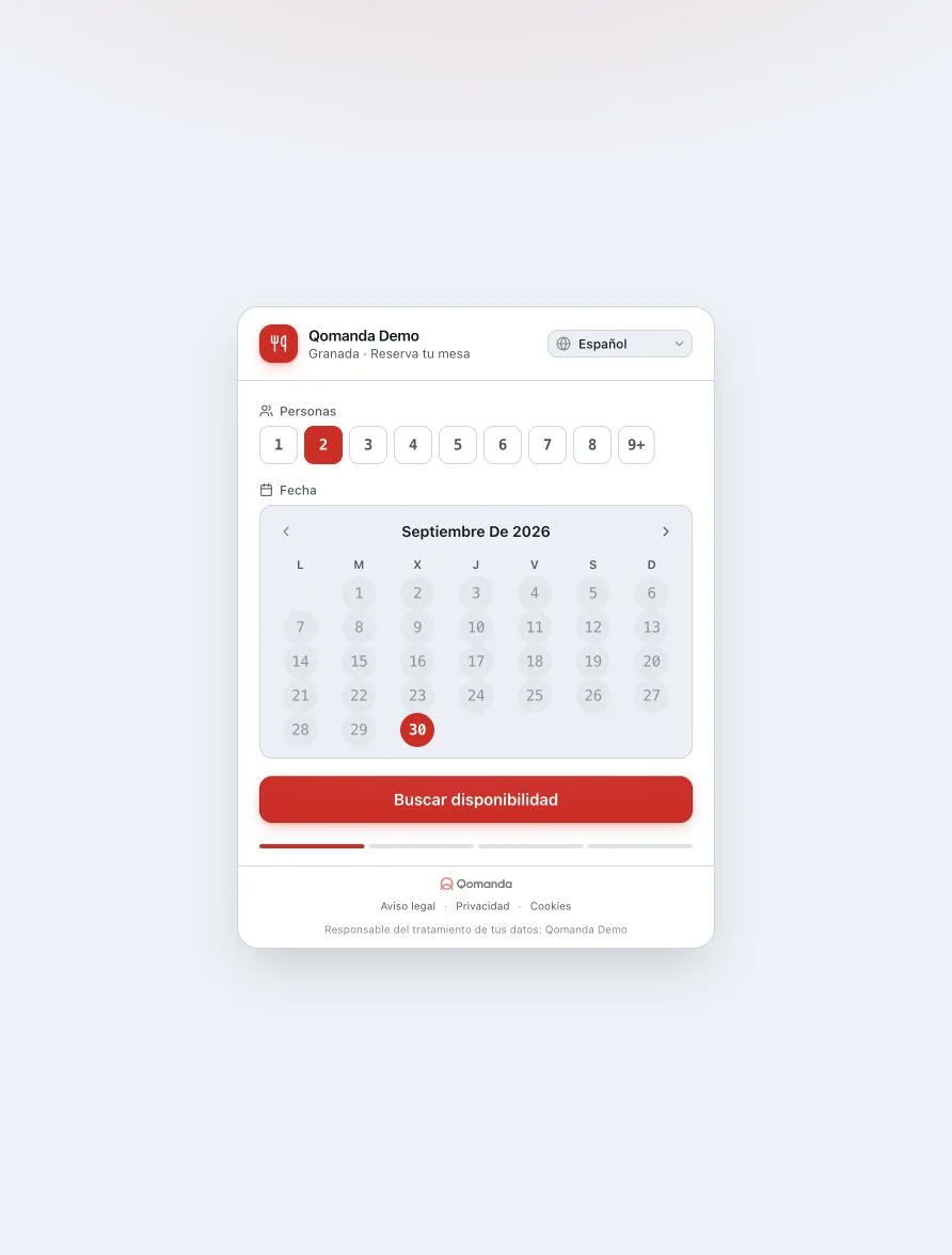 Widget de reservas de Qomanda embebido en la web del restaurante