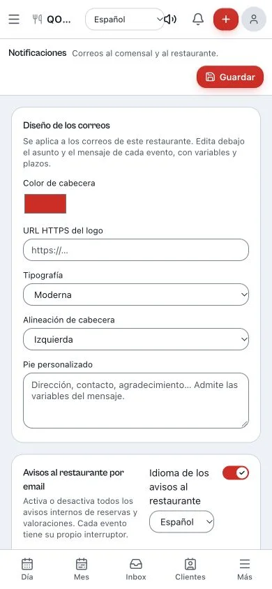 Panel de notificaciones de Qomanda con confirmaciones y recordatorios por email
