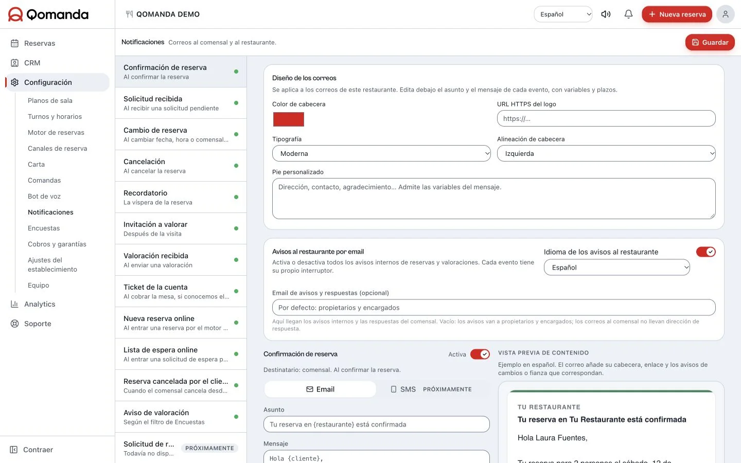 Panel de notificaciones de Qomanda con confirmaciones y recordatorios por email