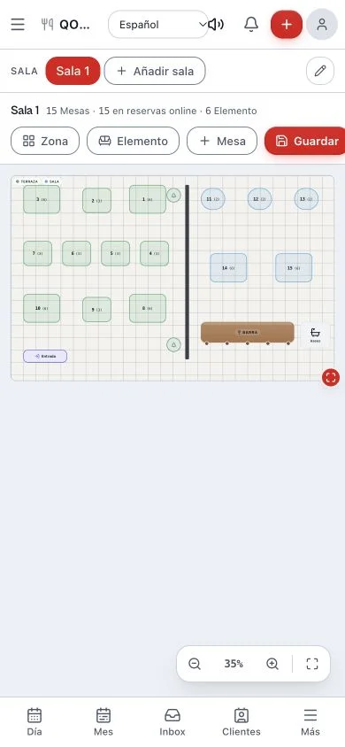 Editor de plano de sala de Qomanda con zonas, mesas y capacidades reales