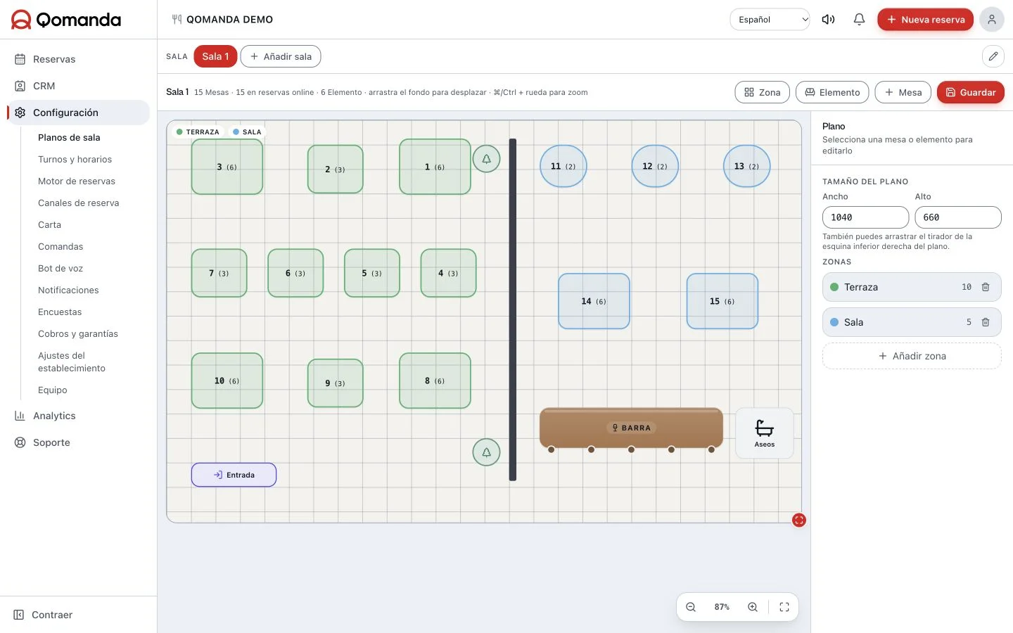 Editor de plano de sala de Qomanda con zonas, mesas y capacidades reales
