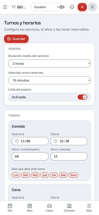 Configuración de turnos y aforo de Qomanda con franjas y capacidad por servicio