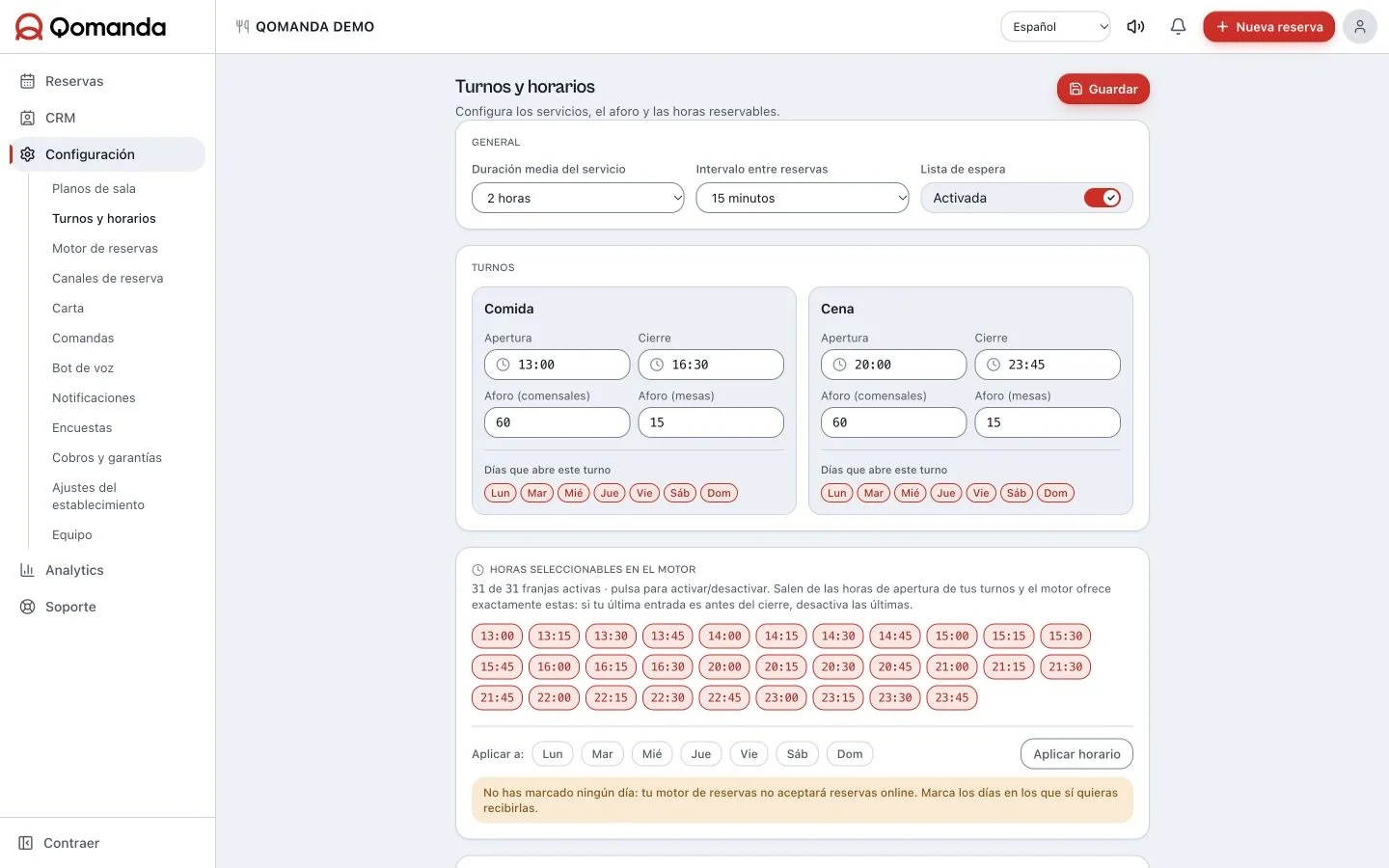 Configuración de turnos y aforo de Qomanda con franjas y capacidad por servicio