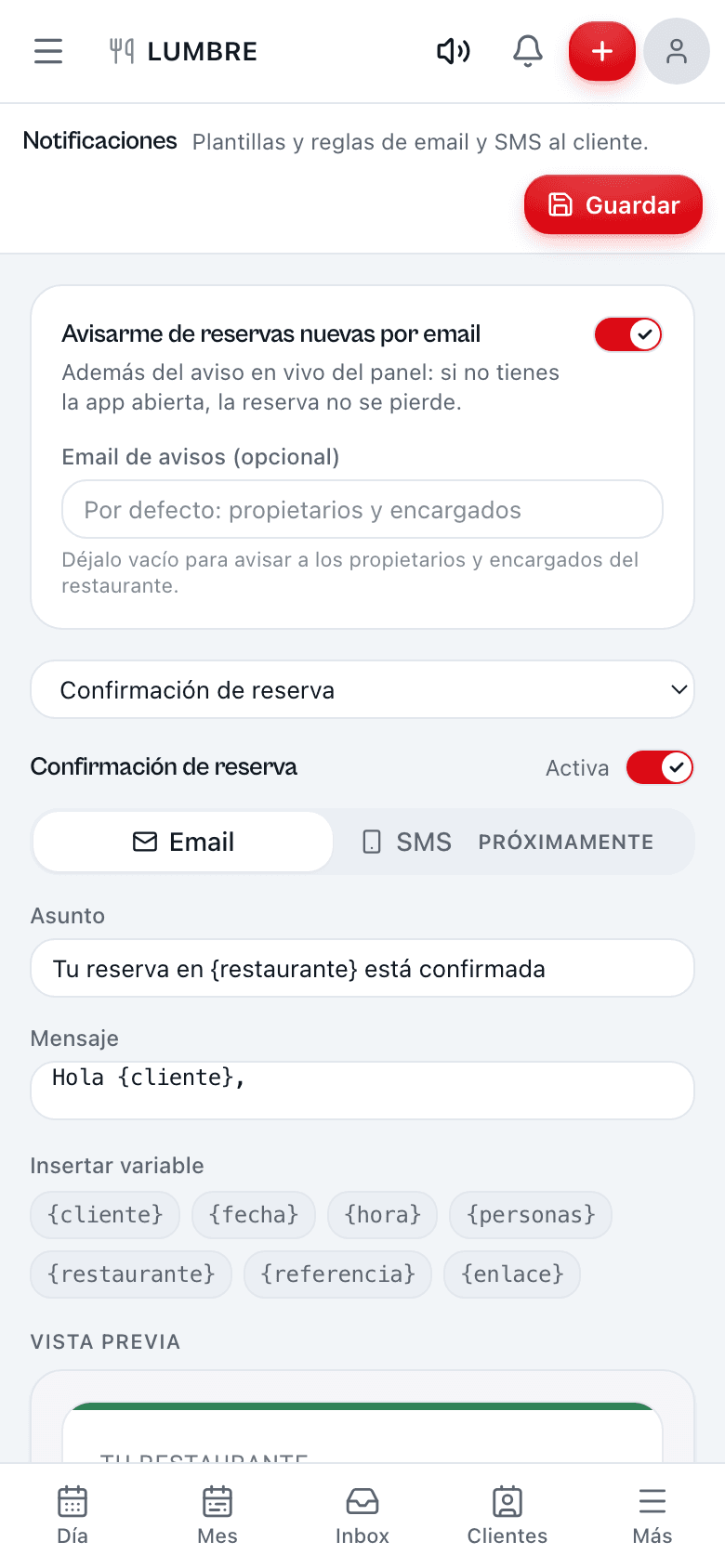 Panel de notificaciones de Qomanda con confirmaciones y recordatorios por email