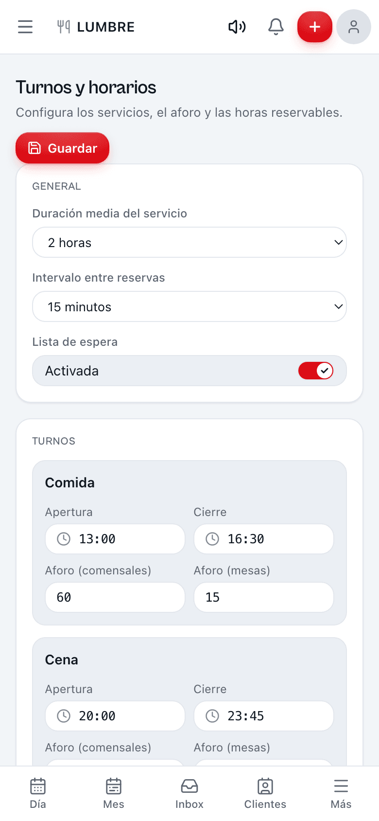 Configuración de turnos y aforo de Qomanda con franjas y capacidad por servicio