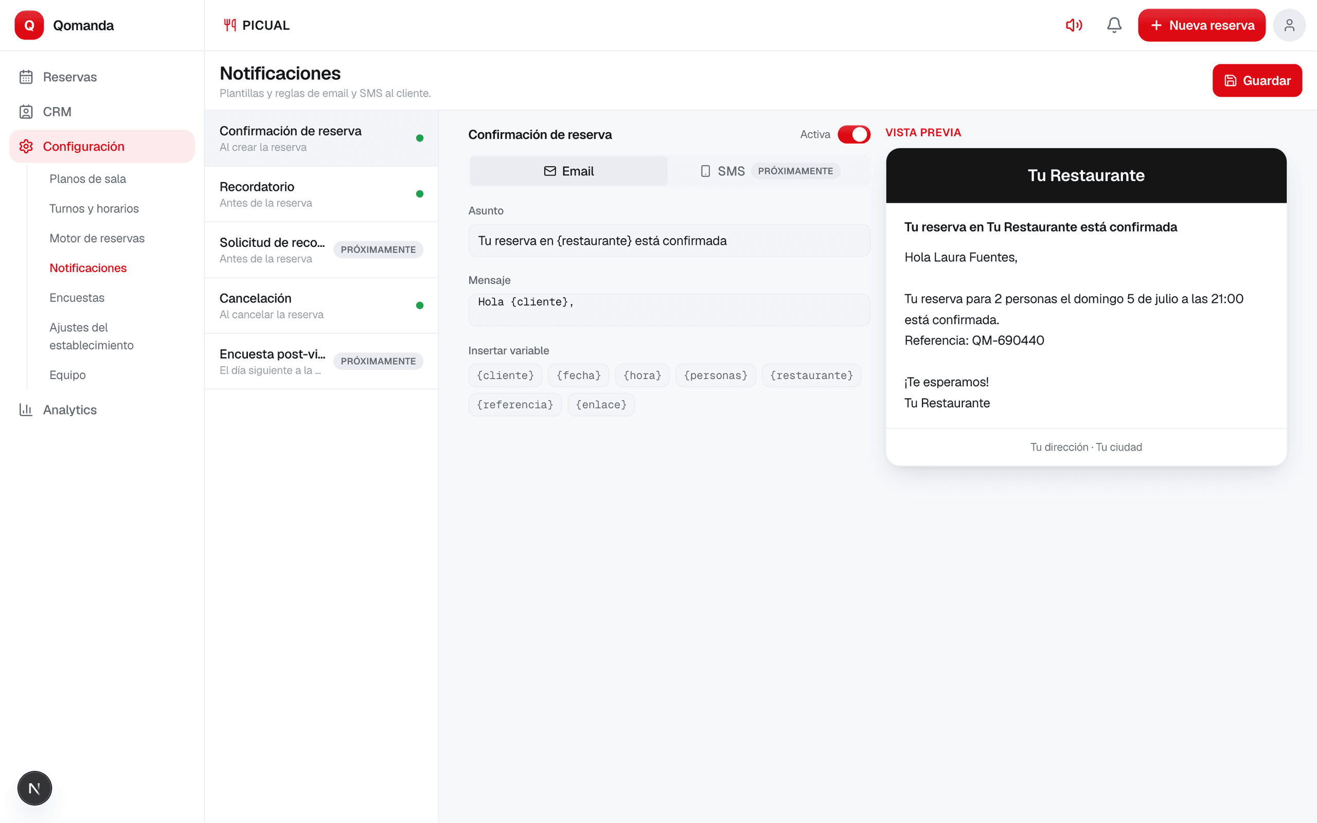Qomanda notifications panel with email confirmations and reminders