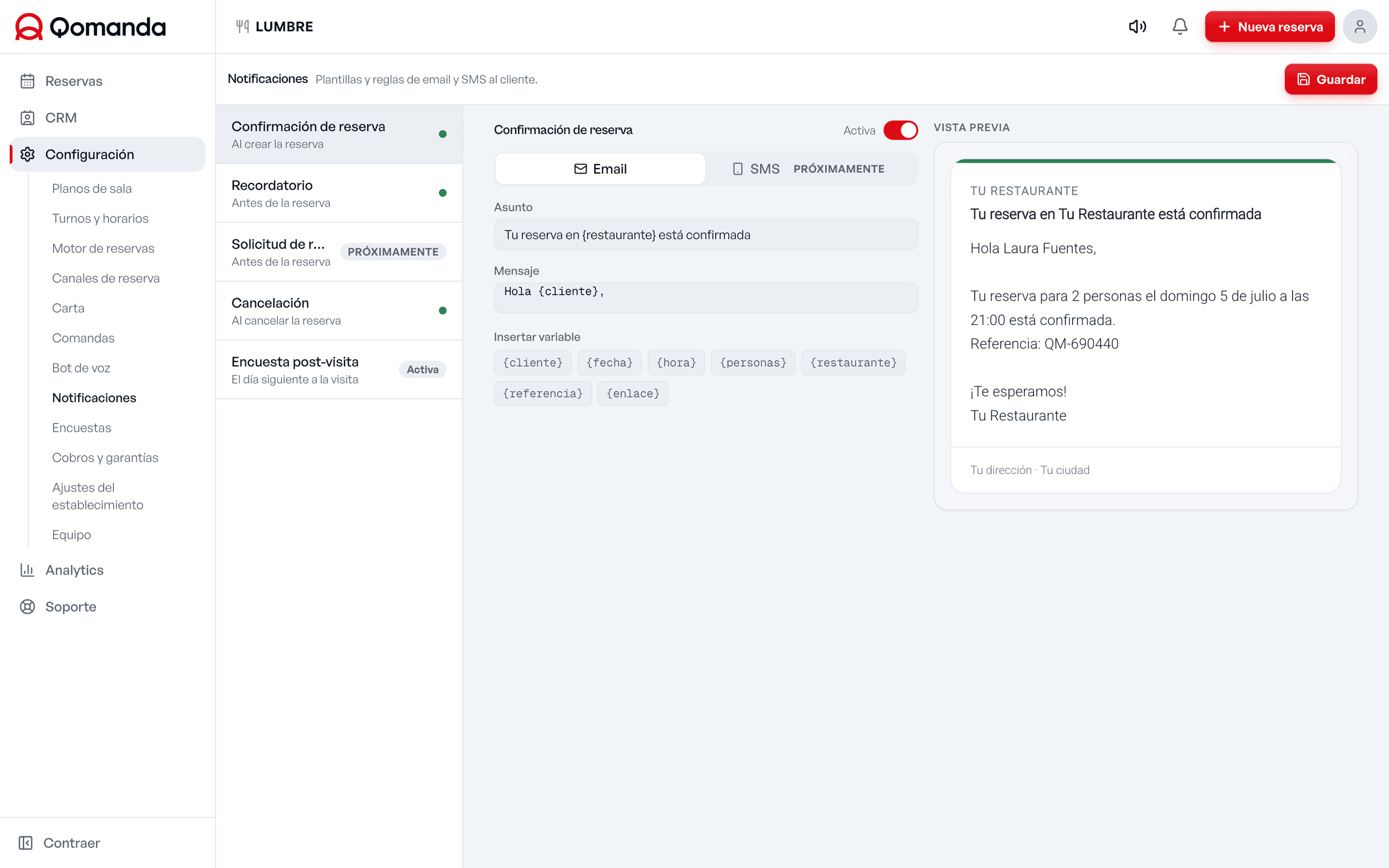 Panel de notificaciones de Qomanda con confirmaciones y recordatorios por email