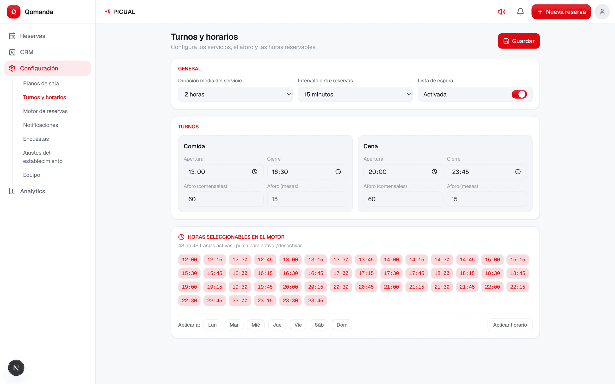 Qomanda shifts and capacity settings with slots and per-service capacity
