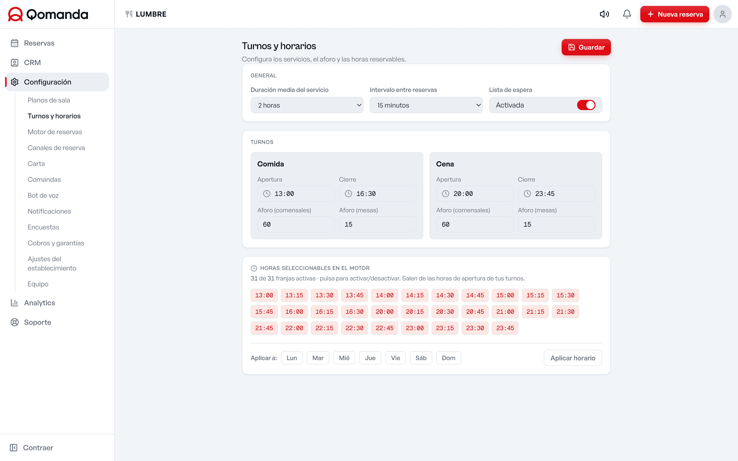 Configuración de turnos y aforo de Qomanda con franjas y capacidad por servicio