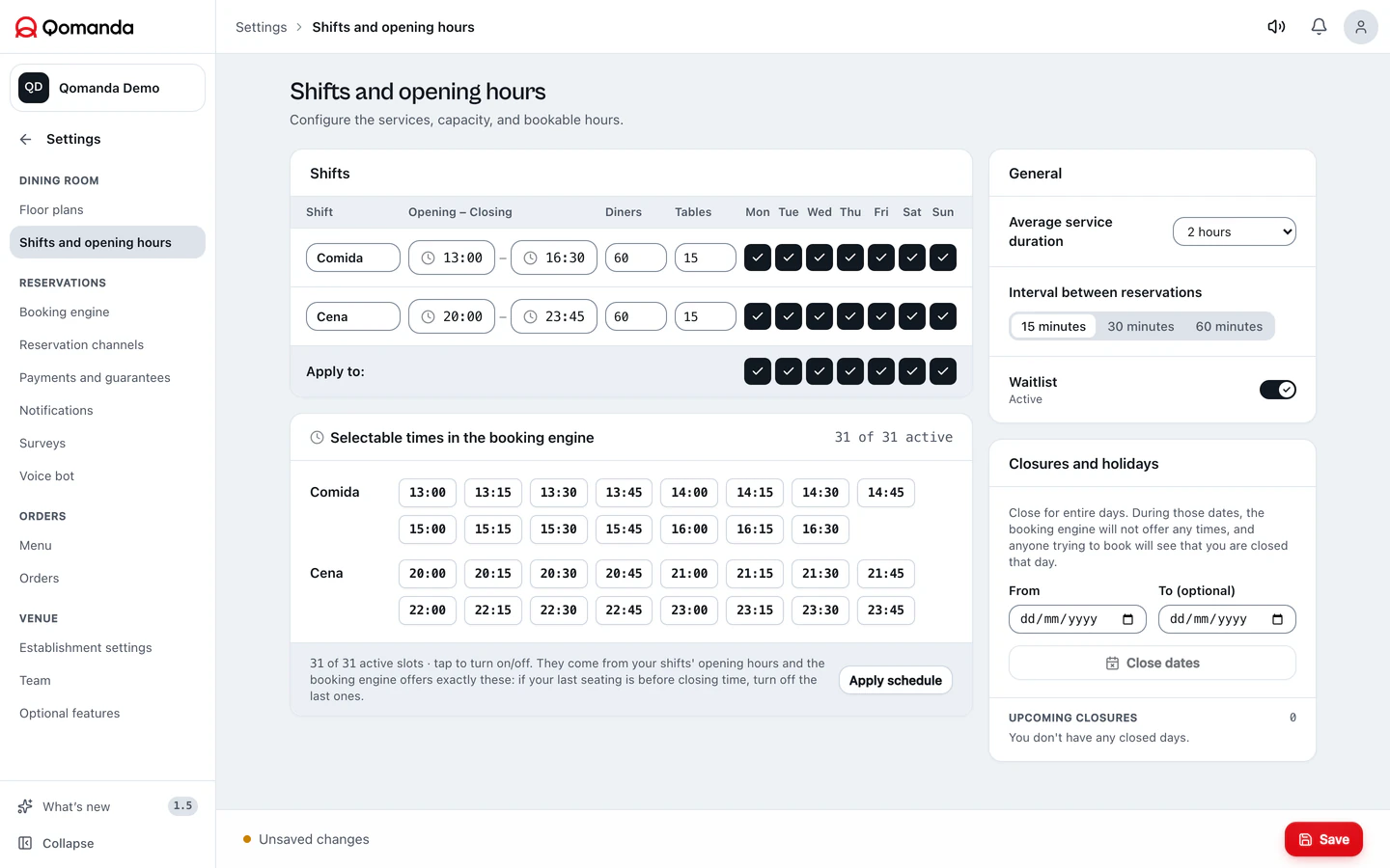 Shifts and opening hours · Real software. Demo data.