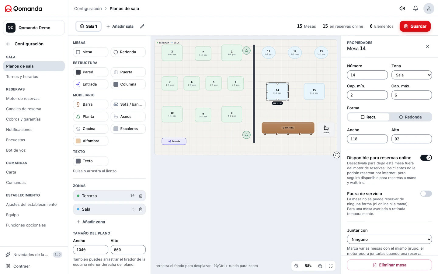 Planos de sala · Software real. Datos de demostración.
