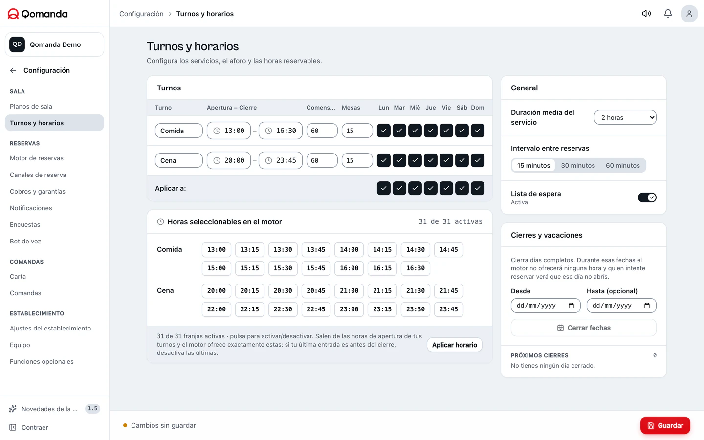 Turnos y horarios · Software real. Datos de demostración.