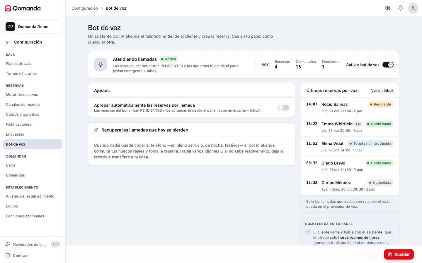Bot de voz · Software real. Datos de demostración.